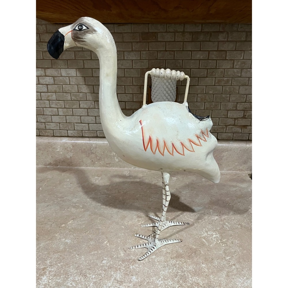 Vintage Style Metal Flamingo Watering Can Hand Painted Cream Garden Decor